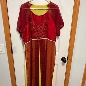 Vietnamese traditional aodai red and yellow dragonfly, pants included.